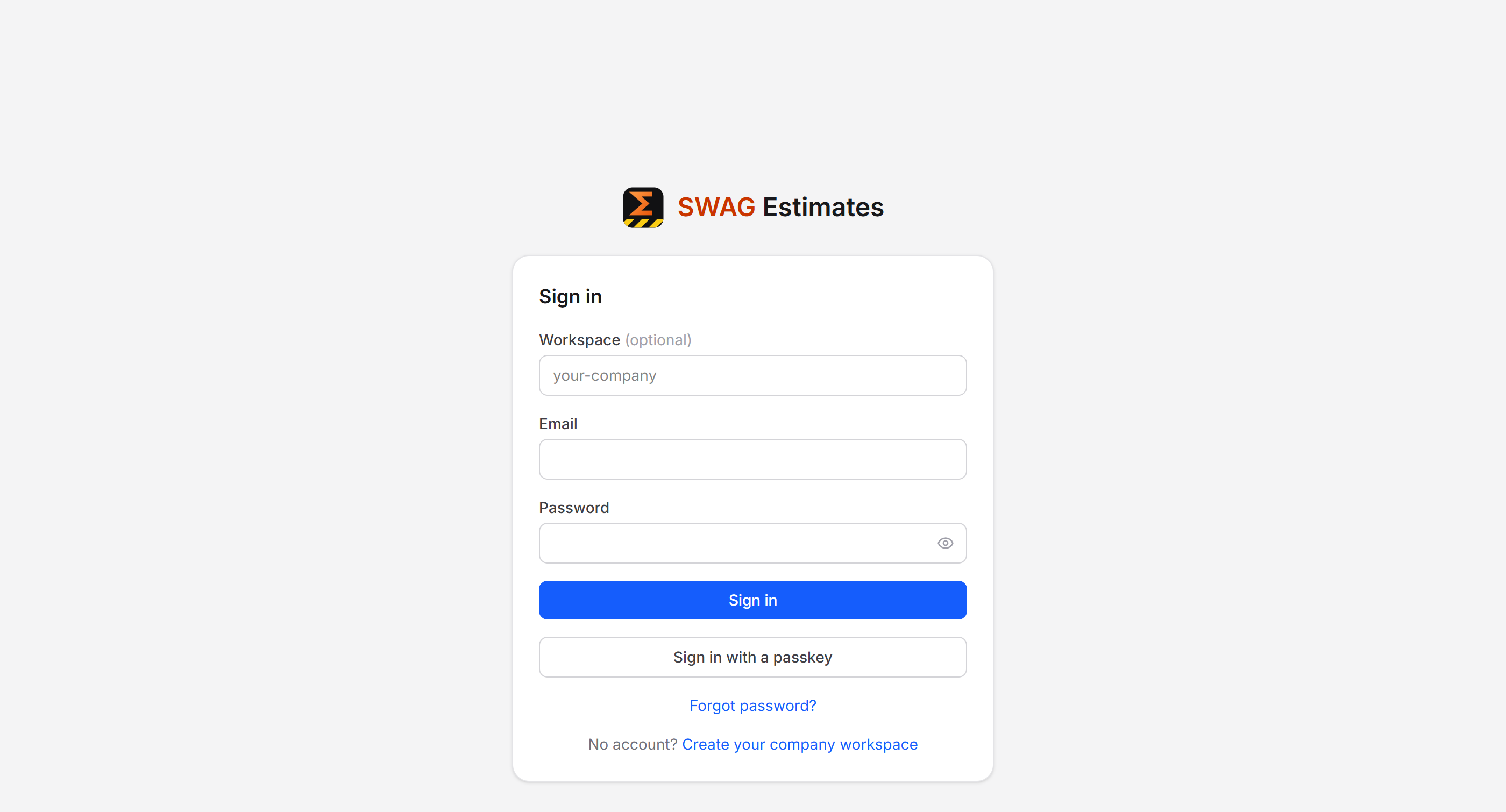 The sign-in page, with optional workspace, email, password, and a passkey option