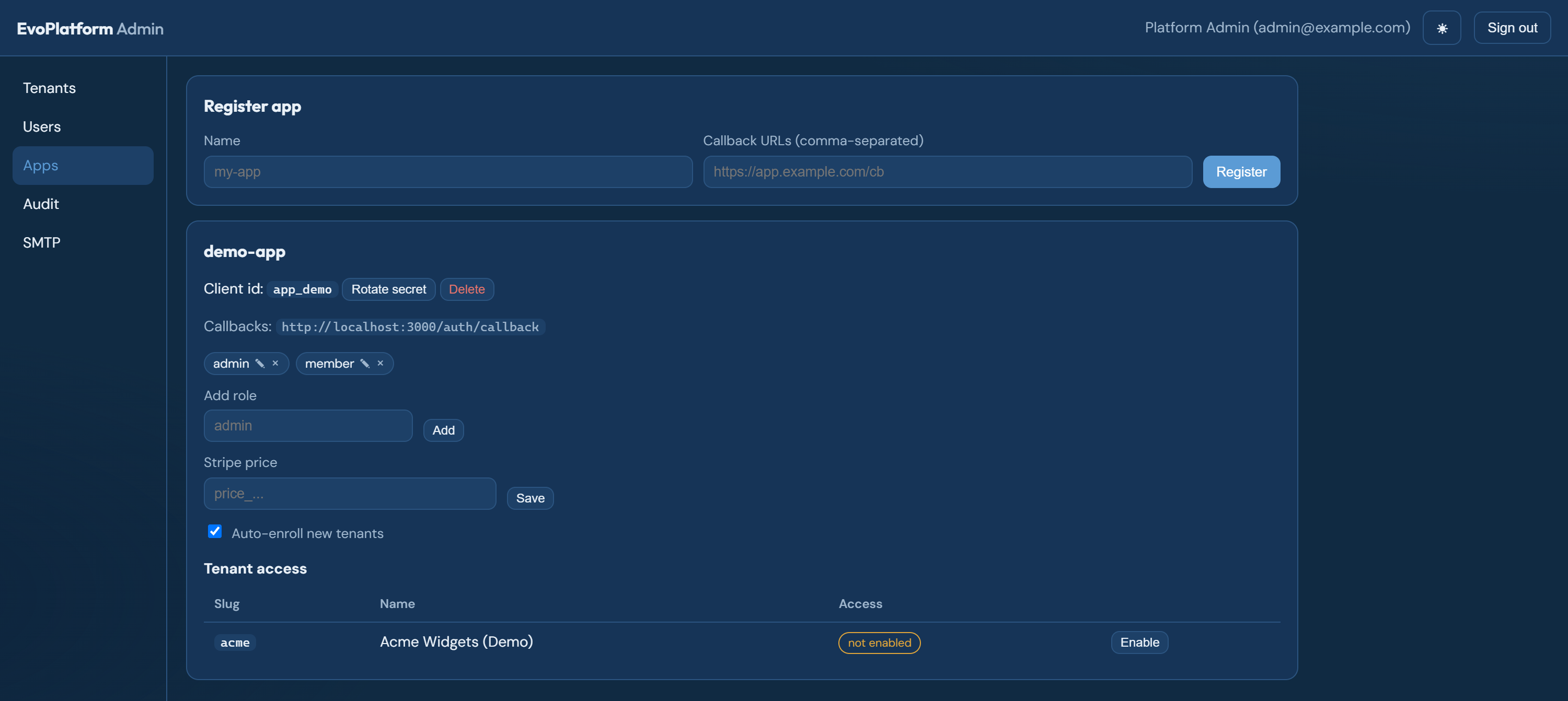 An app card: client id, roles, Stripe price, and the tenant-access matrix