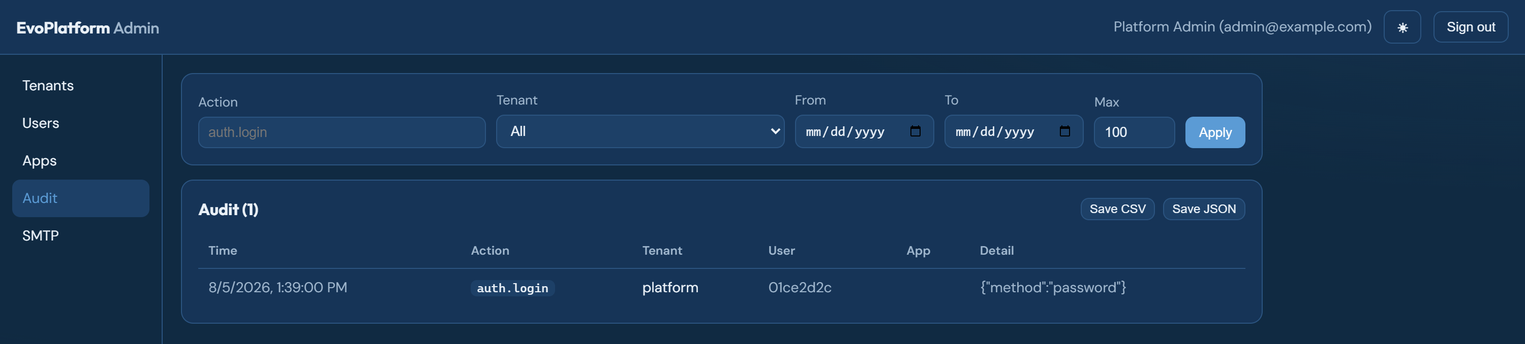 The Audit tab with filters, a date range, and CSV/JSON export
