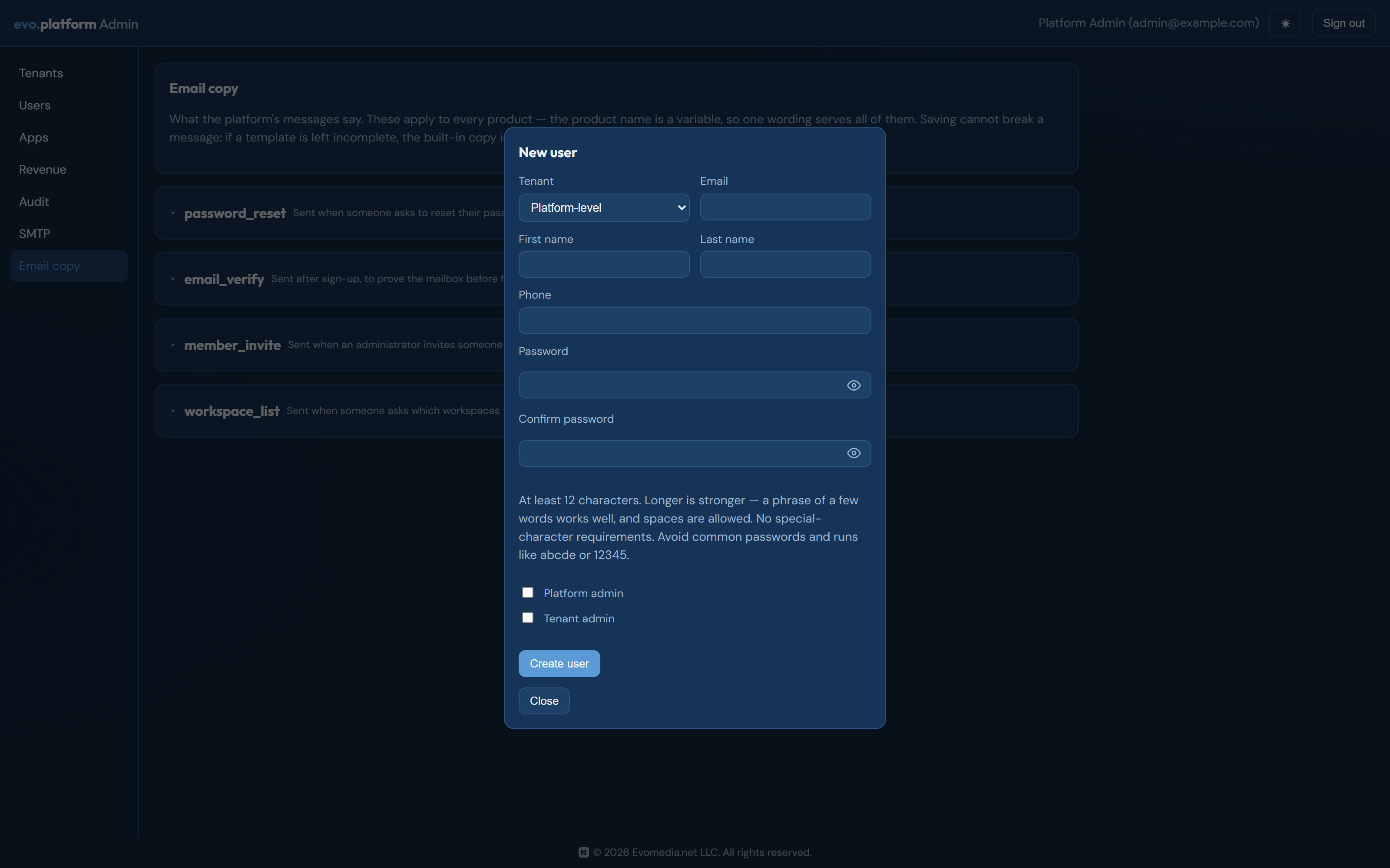 The Email copy tab listing the four platform templates