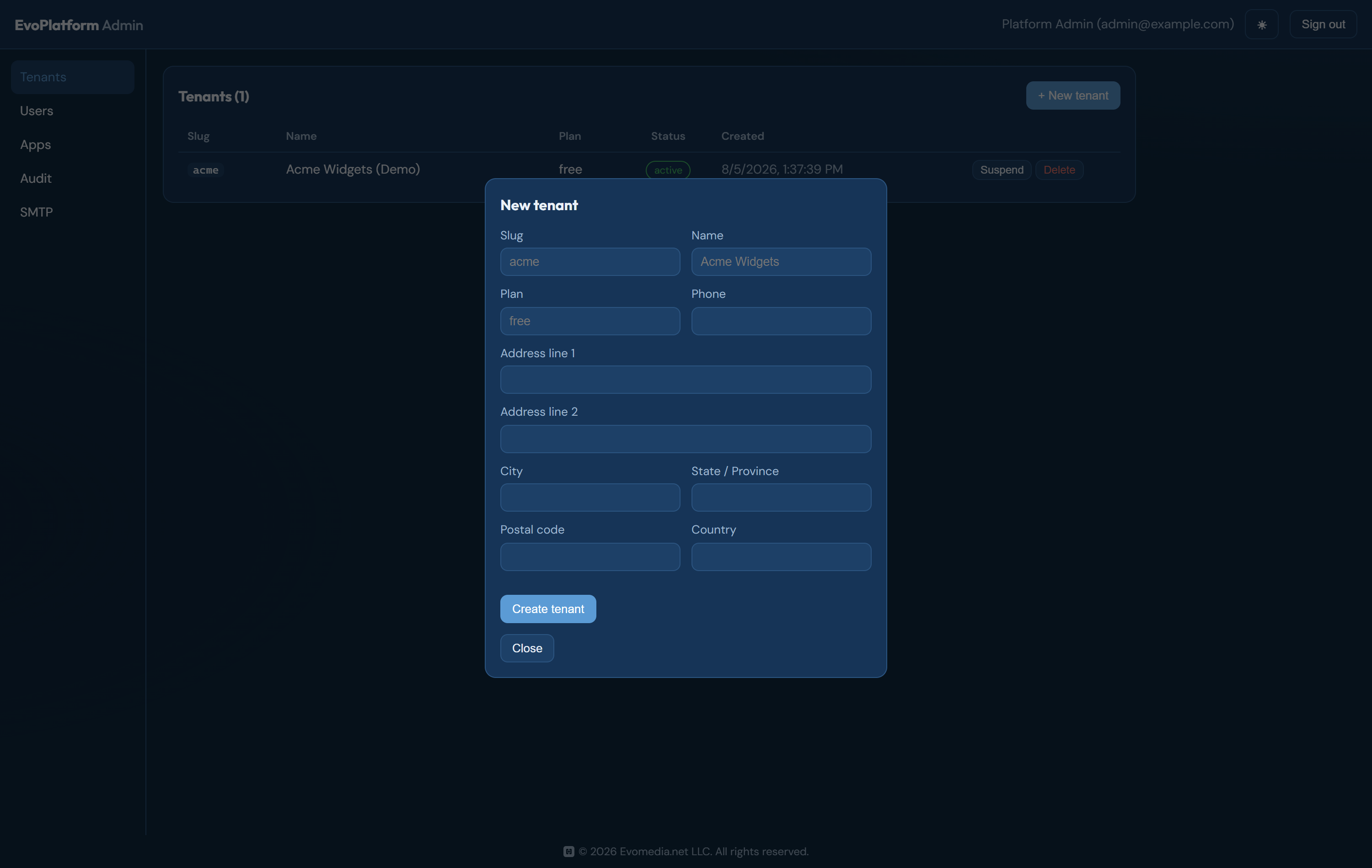 The New tenant overlay with company name, slug, and address fields
