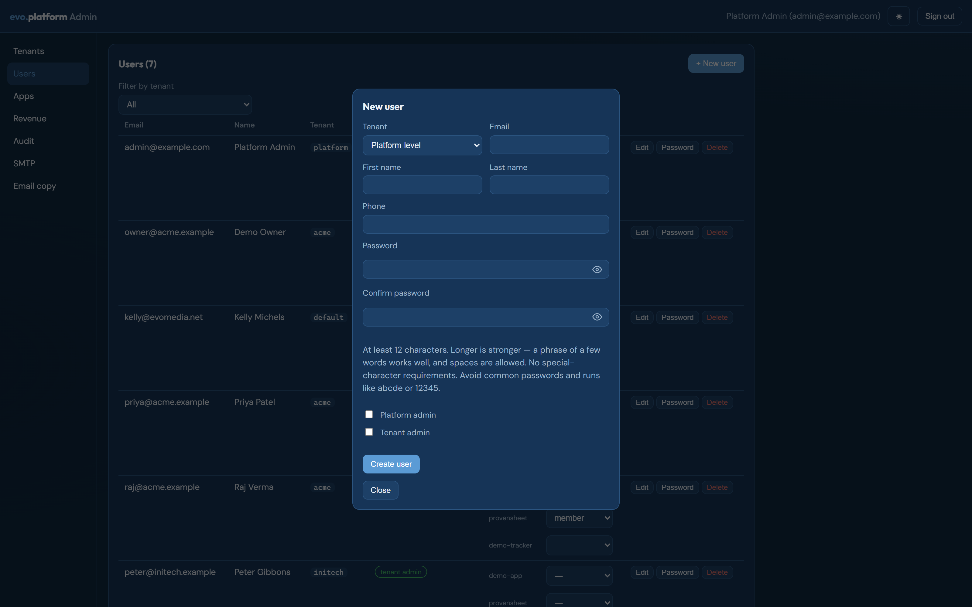 The New user overlay with workspace, roles, and admin flags