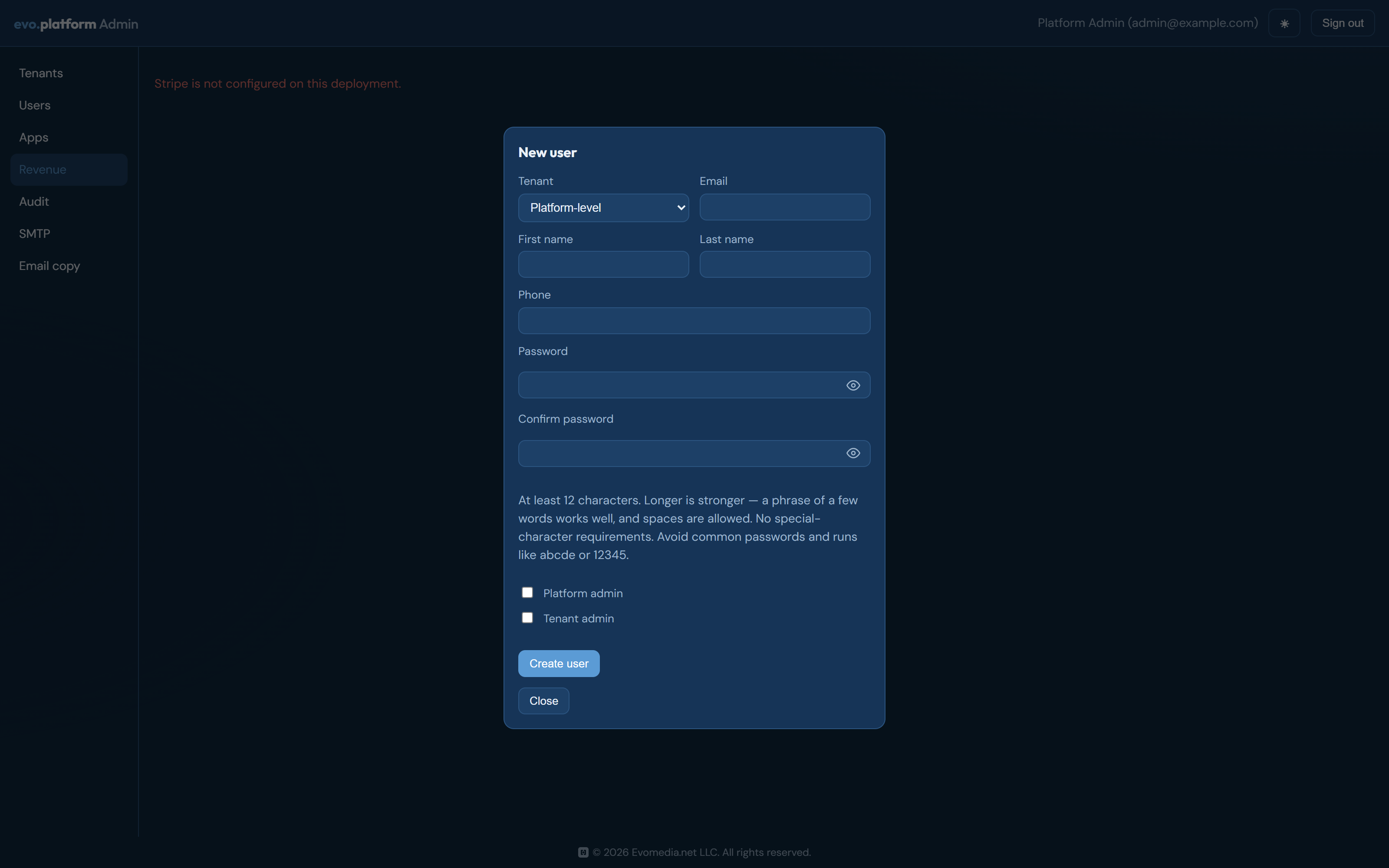 The Revenue tab with subscription totals and CSV export
