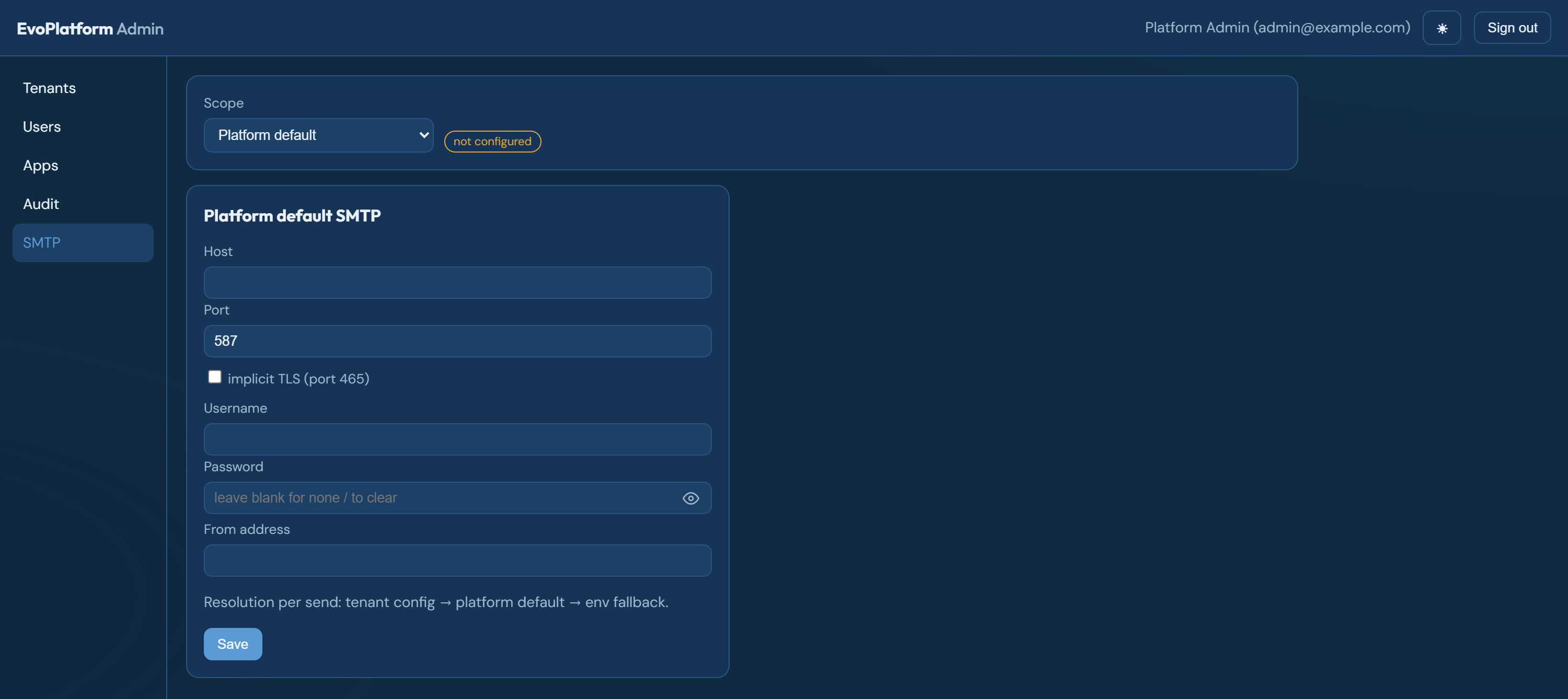 The SMTP tab, scoped to the platform default