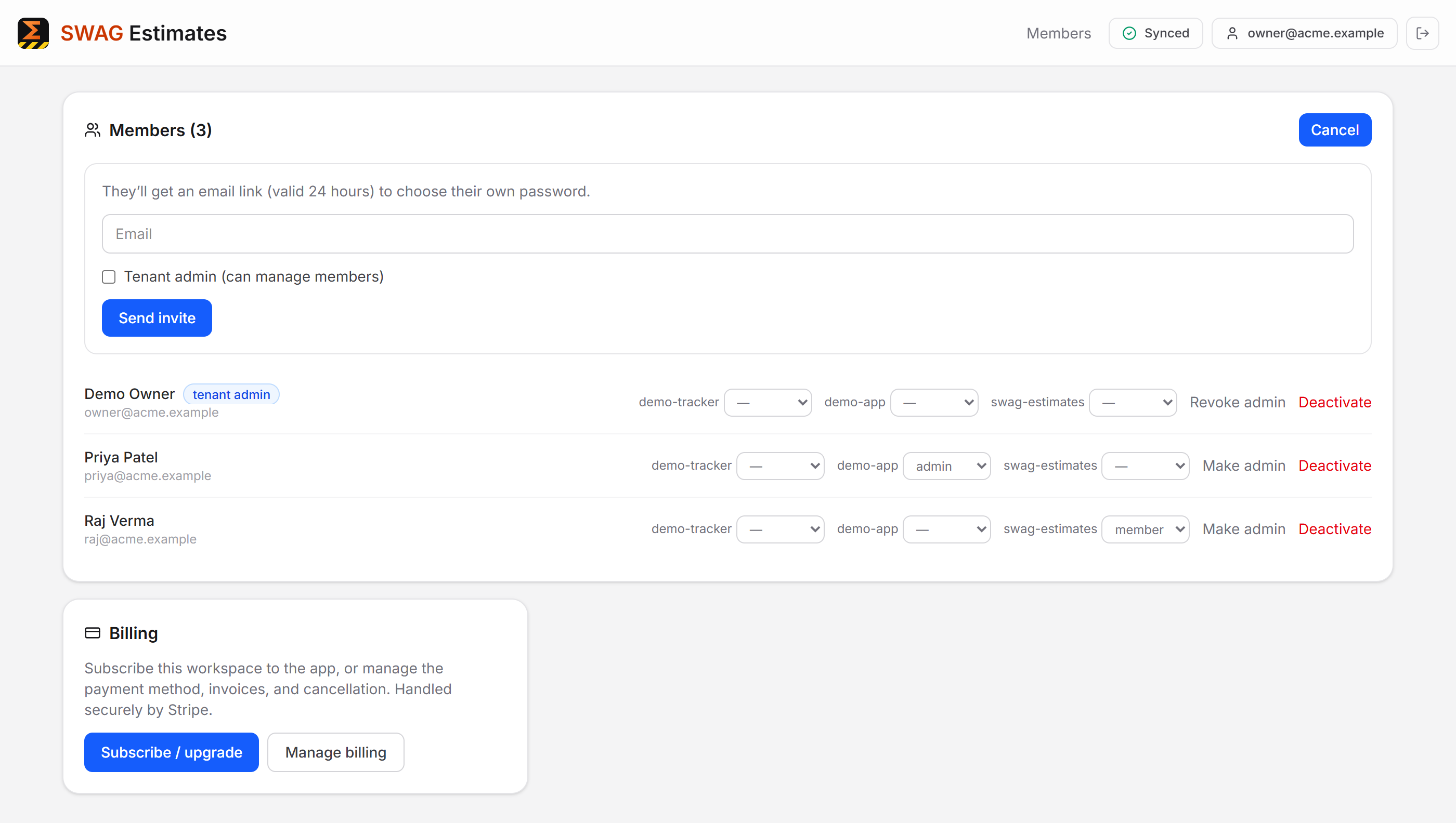 The invite form: email address and an optional tenant-admin tick box