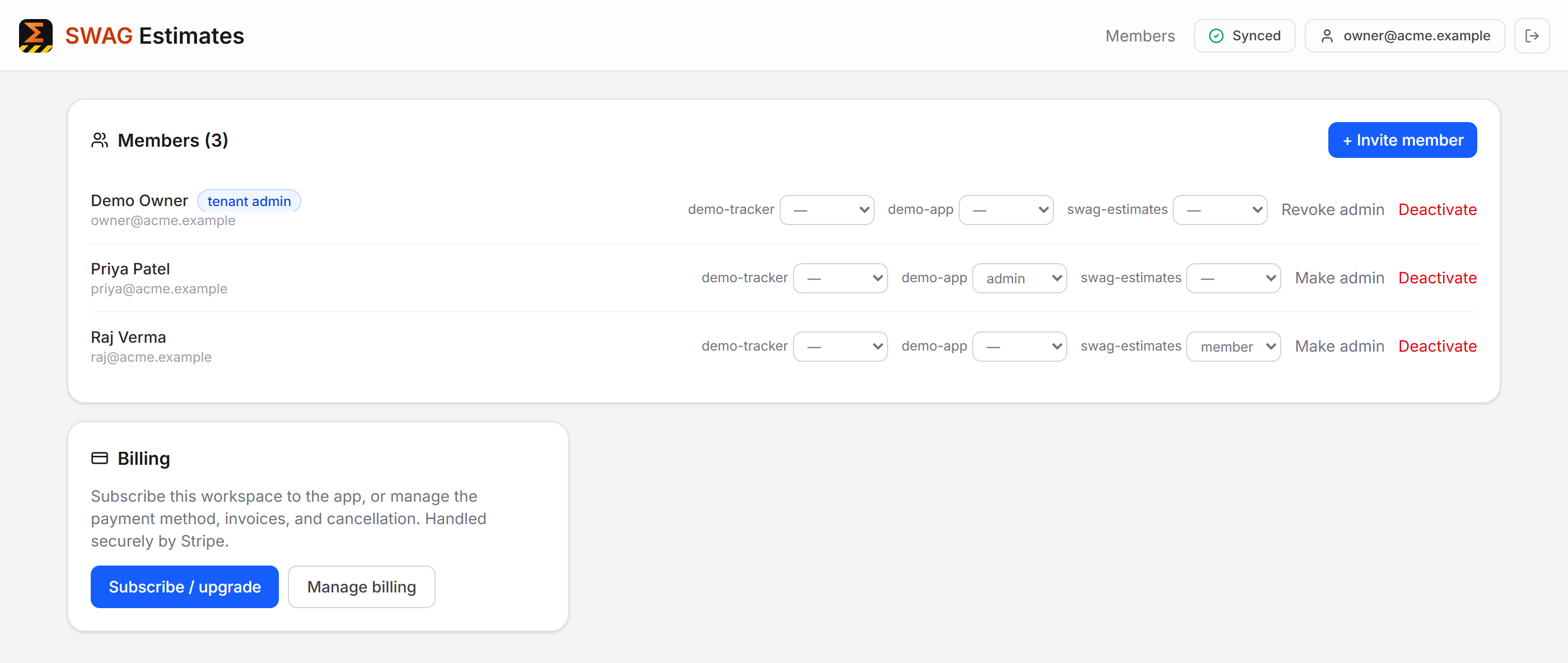 The billing card, with Subscribe / upgrade and Manage billing
